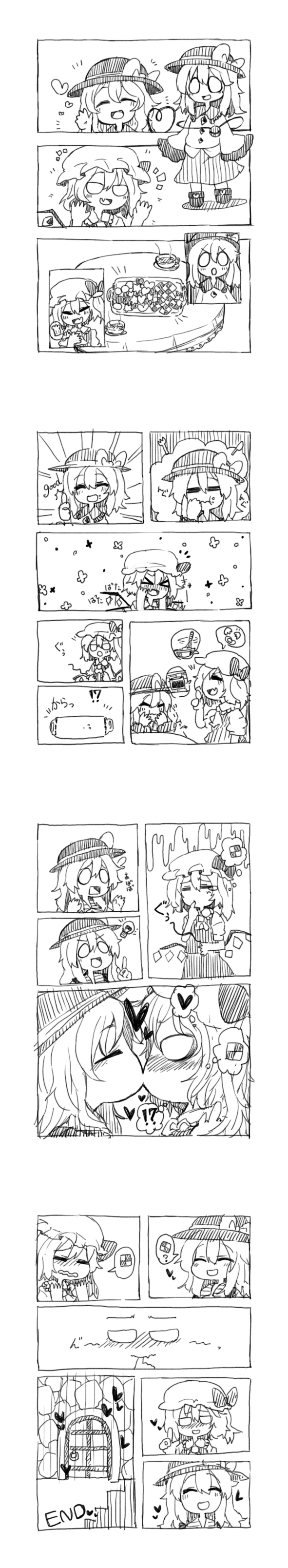 &gt;_&lt; 2girls absurdres ascot blush bow checkerboard_cookie chibi closed_eyes comic cookie cup door eating eyes_closed fang flandre_scarlet flapping food hat hat_bow heart heart_of_string highres hungry idea kiss komeiji_koishi lightbulb long_image monochrome multiple_girls mutual_yuri open_mouth saucer short_hair silent_comic spoken_food sweets tall_image tea teacup thumbs_up touhou tray wings yunuki yunuki_uta yuri