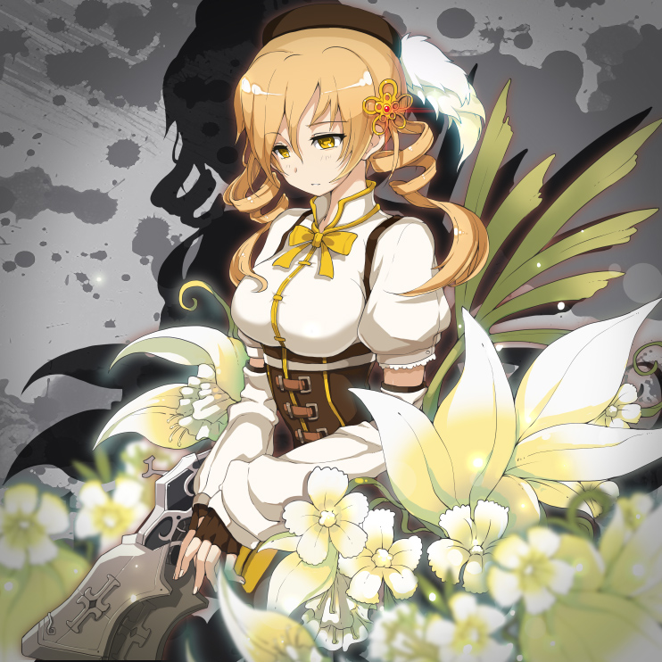 armcho blonde_hair blurry bowtie breasts corset depth_of_field detached_sleeves drill_hair elbow_gloves empty_eyes fingerless_gloves fingernails flower gloves gun hat large_breasts magical_girl magical_musket mahou_shoujo_madoka_magica open_mouth puffy_detached_sleeves puffy_short_sleeves puffy_sleeves sad shadow short_sleeves solo soul_gem tomoe_mami twin_drills twintails weapon yellow_eyes