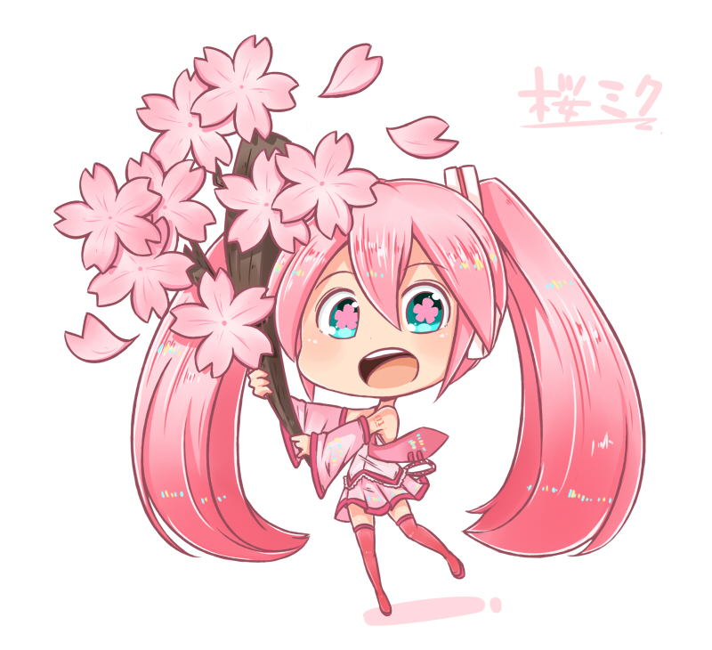 cherry_blossoms chibi detached_sleeves hatsune_miku object_namesake sakura_miku solo thigh-highs thighhighs twintails vocaloid zettai_ryouiki zukaketawagase