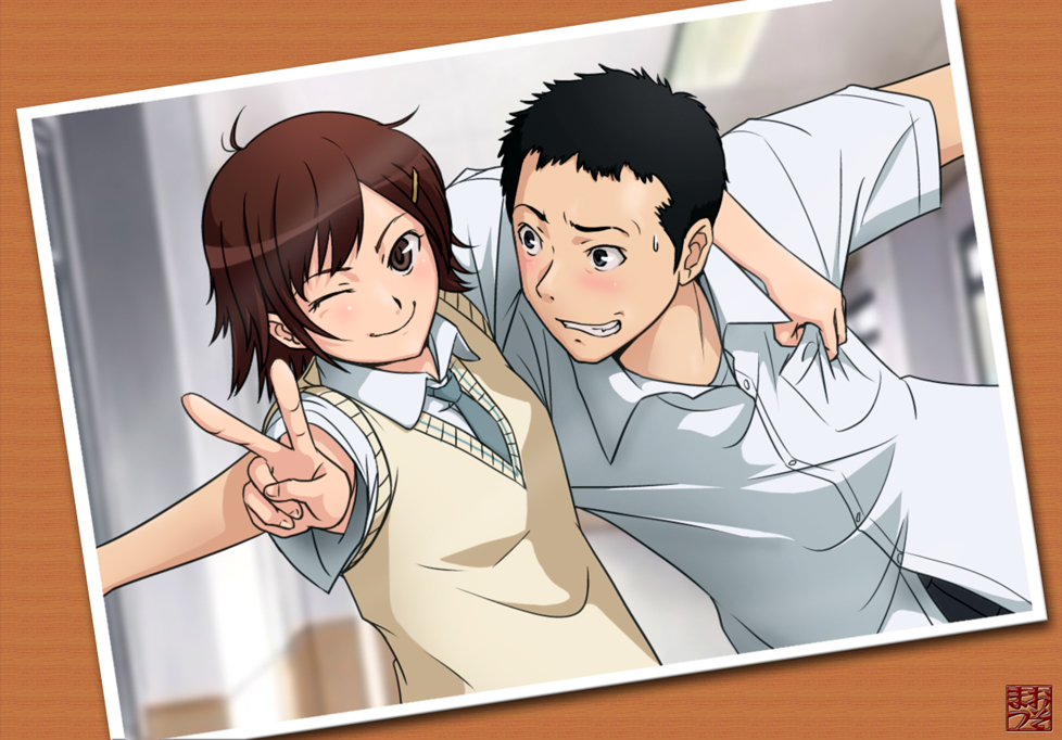 1boy 1girl amagami bad_id brown_hair couple dragging hair_ornament hairpin itou_kanae_(amagami) osomatu-sama photo_(object) school_uniform short_hair smile umehara_masayoshi v wink