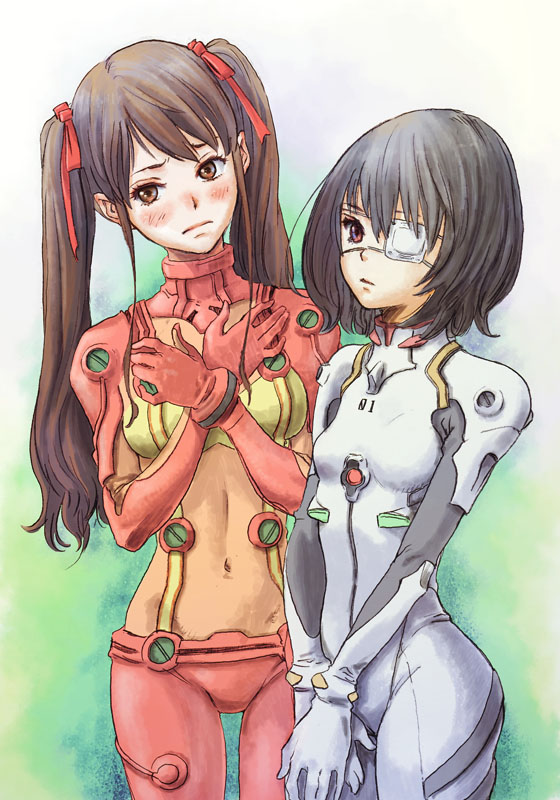 akazawa_izumi another ayanami_rei ayanami_rei_(cosplay) black_hair blush bodysuit brown_hair cosplay covering covering_breasts edih embarrassed evangelion:_2.0_you_can_(not)_advance eyepatch hair_ribbon hand_on_own_chest long_hair misaki_mei multiple_girls navel neon_genesis_evangelion pilot_suit plugsuit rebuild_of_evangelion red_ribbon ribbon shikinami_asuka_langley shikinami_asuka_langley_(cosplay) short_hair souryuu_asuka_langley souryuu_asuka_langley_(cosplay) test_plugsuit twintails v_arms