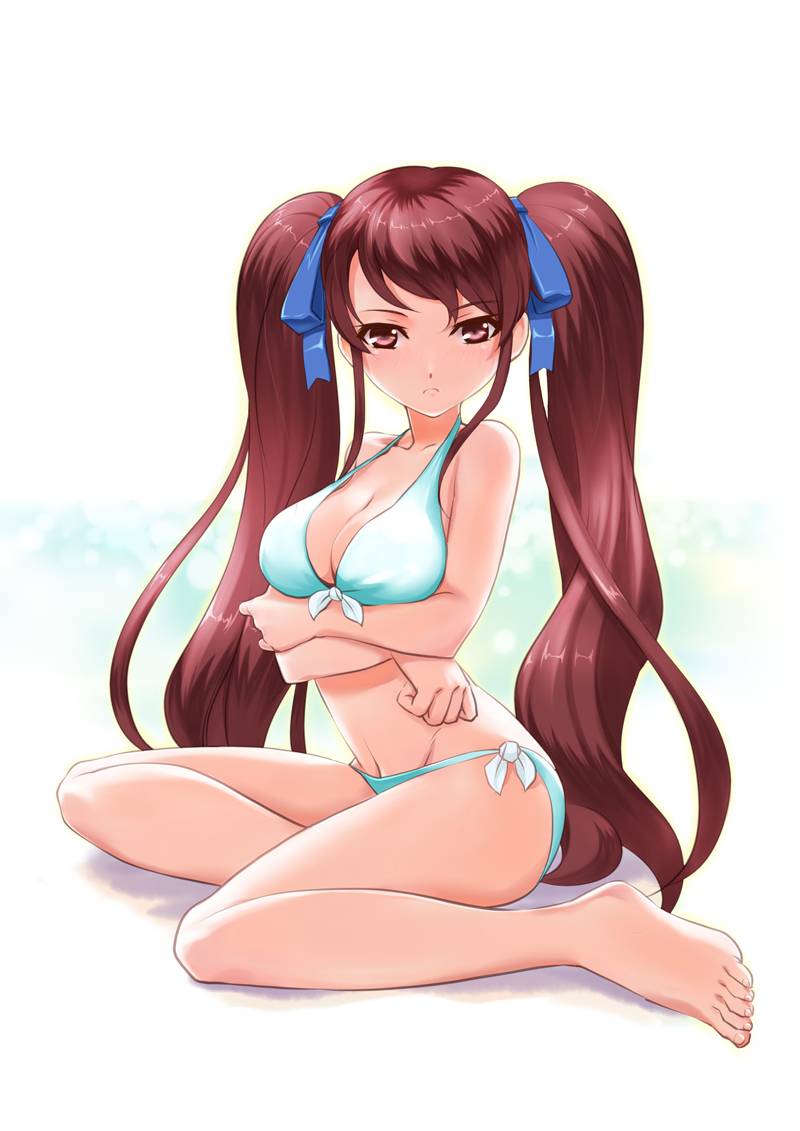 akazawa_izumi another bare_shoulders bikini blush breasts brown_hair cleavage crossed_arms front-tie_top large_breasts long_hair red_eyes red_hair rin2008 side-tie_bikini sitting solo swimsuit twintails very_long_hair wariza yokozuwari