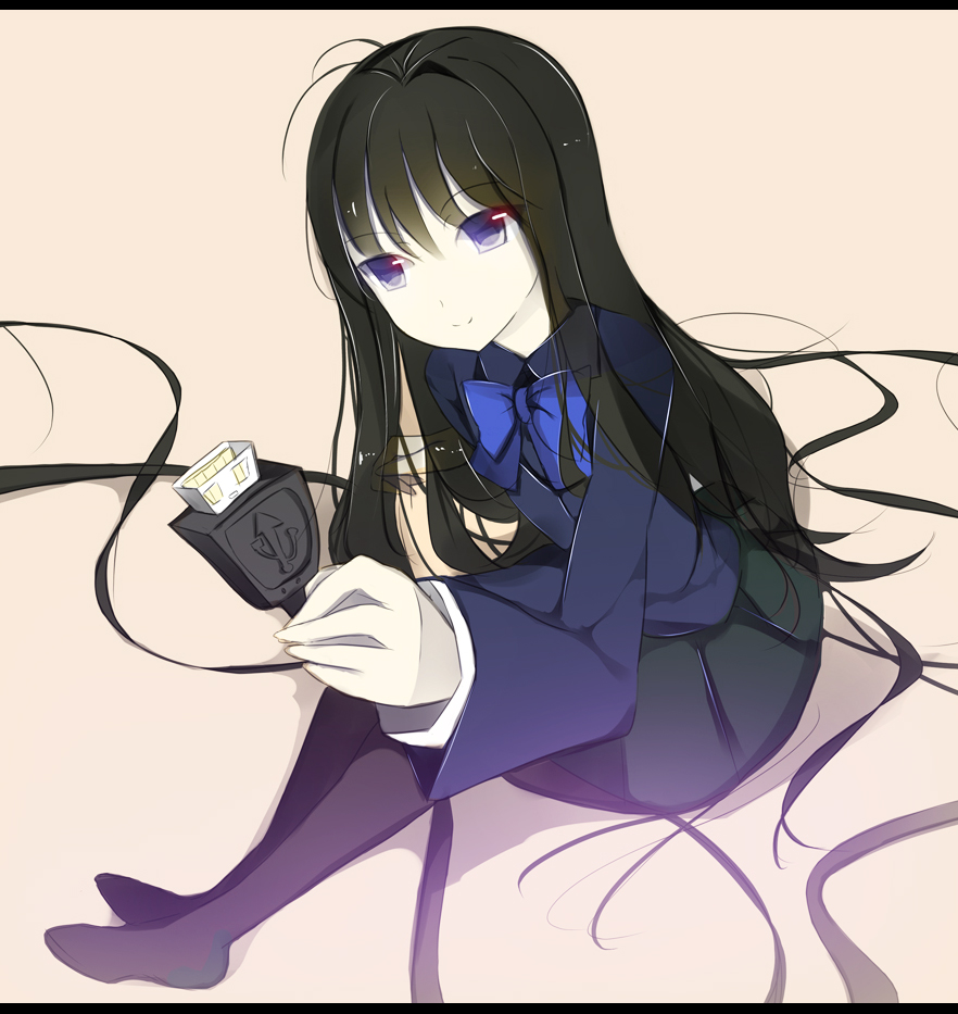 bad_id black_hair blue_eyes bow cable kuroyukihime long_hair long_sleeves pantyhose school_uniform senya_fuurin sitting skirt smile usb