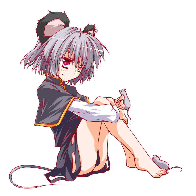 animal_ears bare_legs barefoot capelet dress grey_dress grey_hair hemogurobin_a1c leg_hug mouse mouse_ears mouse_tail nazrin no_panties red_eyes short_hair sitting smile solo tail touhou