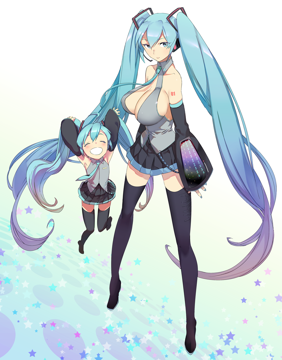 \o/ aqua_eyes aqua_hair armpits arms_up bare_shoulders black_legwear boots breasts chibi_miku child cleavage closed_eyes detached_sleeves dual_persona eyes_closed hair_ornament happy hatsune_miku headset large_breasts long_hair mikurou_(nayuta) multiple_girls necktie number open_mouth outstretched_arms skirt sleeveless sleeveless_shirt smile star strap thigh-highs thigh_boots thighhighs twintails very_long_hair vocaloid zettai_ryouiki