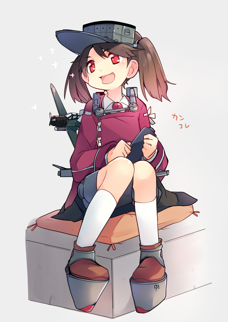 1girl airplane blush geta hat japanese_clothes kantai_collection open_mouth personification red_eyes ryuujou_(kantai_collection) sandals scroll shorts sitting smile solo sparkle twintails