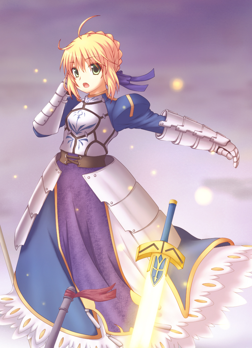 armor armored_dress blonde_hair excalibur fate/stay_night fate_(series) gauntlets green_eyes hair_ribbon juliet_sleeves kuena long_sleeves open_mouth outstretched_arm puffy_shoulders_long_sleeves puffy_sleeves ribbon saber sword weapon