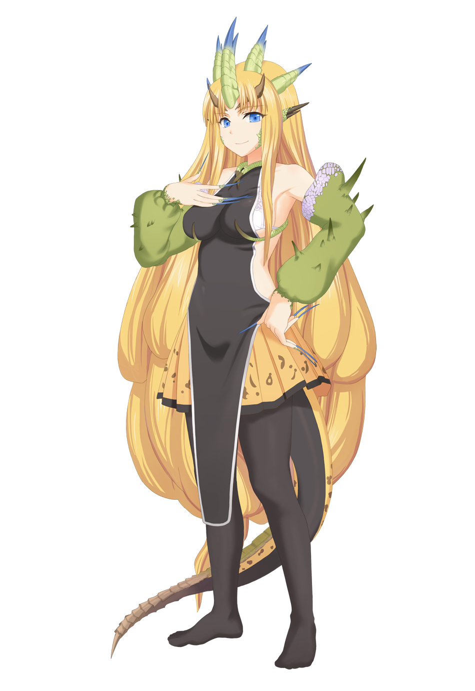 bare_shoulders black_legwear black_tights blonde_hair blue_eyes breasts dragon_girl fingernails hand_on_own_chest highres horns long_fingernails long_hair long_nails monster_girl monster_hunter monster_hunter_3 pantyhose personification royal_ludroth sharp_fingernails sharp_nails shirajira simple_background skirt smile solo tail very_long_hair