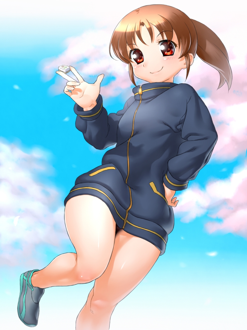 blush brown_hair cherry_blossoms hand_on_hip hips looking_at_viewer no_pants onsoku_maru ponytail red_eyes saki saki_achiga-hen smile solo takakamo_shizuno track_jacket