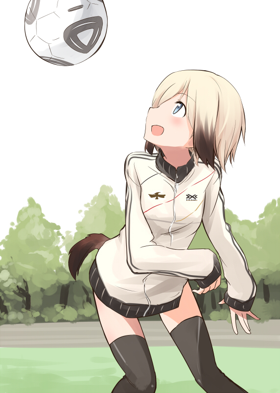 ball blonde_hair blue_eyes blush brown_hair erica_hartmann germany jabulani looking_up open_mouth sandwich_(artist) soccer soccer_ball solo strike_witches sweater tail thigh-highs thighhighs