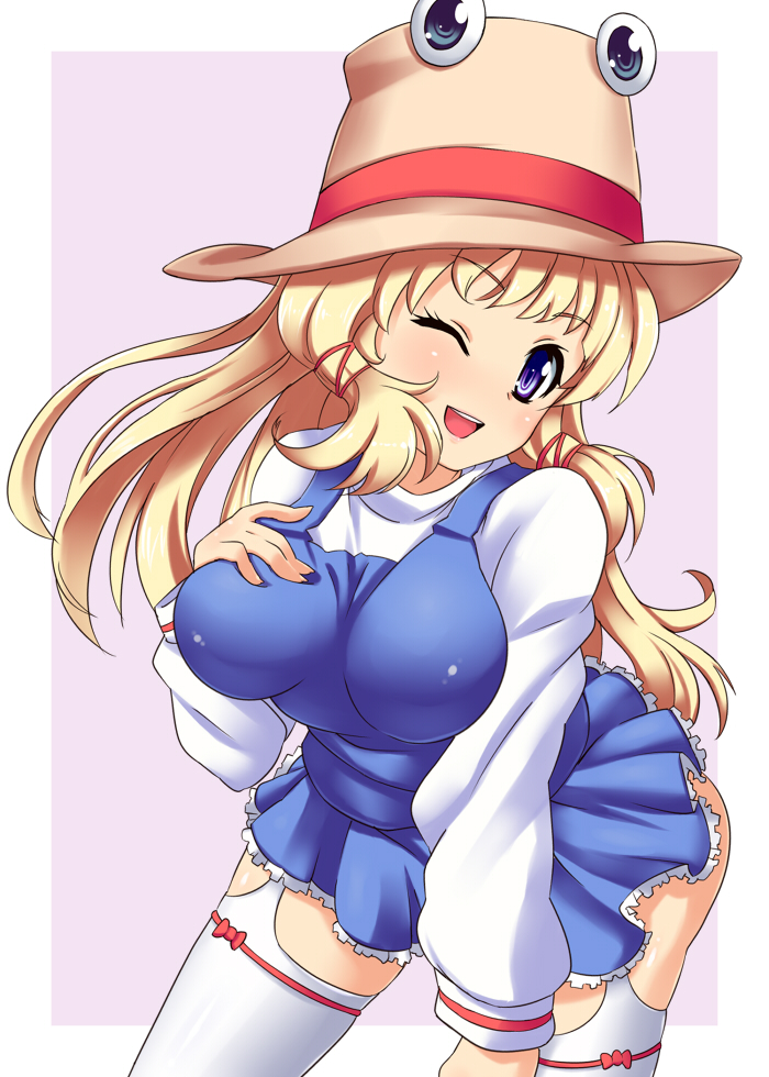 adult alternate_breast_size alternate_hair_length alternate_hairstyle bitaraga blonde_hair blue_eyes blush breasts garter_straps hand_on_breast hand_on_own_chest hat impossible_clothes large_breasts long_hair long_sleeves moriya_suwako open_mouth purple_background purple_eyes simple_background skirt smile solo thigh-highs thighhighs touhou white_legwear wink