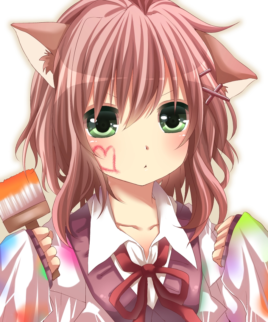 animal_ears blush bust cat_ear cat_ears face green_eyes hair_ornament heart looking_at_viewer original paint_stains paintbrush pink_hair portrait solo white_background yamasuta