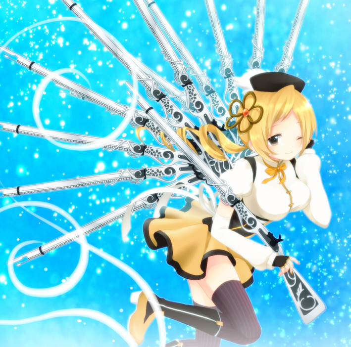 beret blonde_hair boots bowtie breasts detached_sleeves drill_hair female fingerless_gloves gloves gun hair_ornament hat large_breasts leg_up long_hair magical_girl magical_musket mahou_shoujo_madoka_magica pleated_skirt ribbon rita_(ndg12) skirt smile solo standing standing_on_one_leg taut_shirt thigh-highs thighhighs tomoe_mami vertical-striped_legwear vertical_stripes weapon wink yellow_eyes