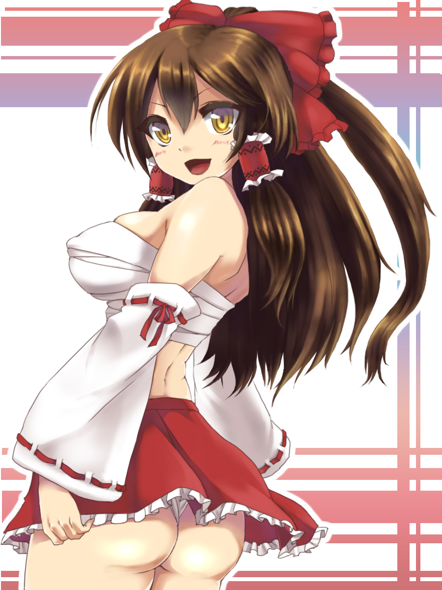 ass bare_shoulders blush bow breasts brown_hair detached_sleeves erect_nipples female hair_bow hair_tubes hakurei_reimu happy highres large_breasts long_hair looking_at_viewer looking_back miko open_mouth panties ribbon sarashi sibata skirt smile solo strapless touhou underwear yellow_eyes