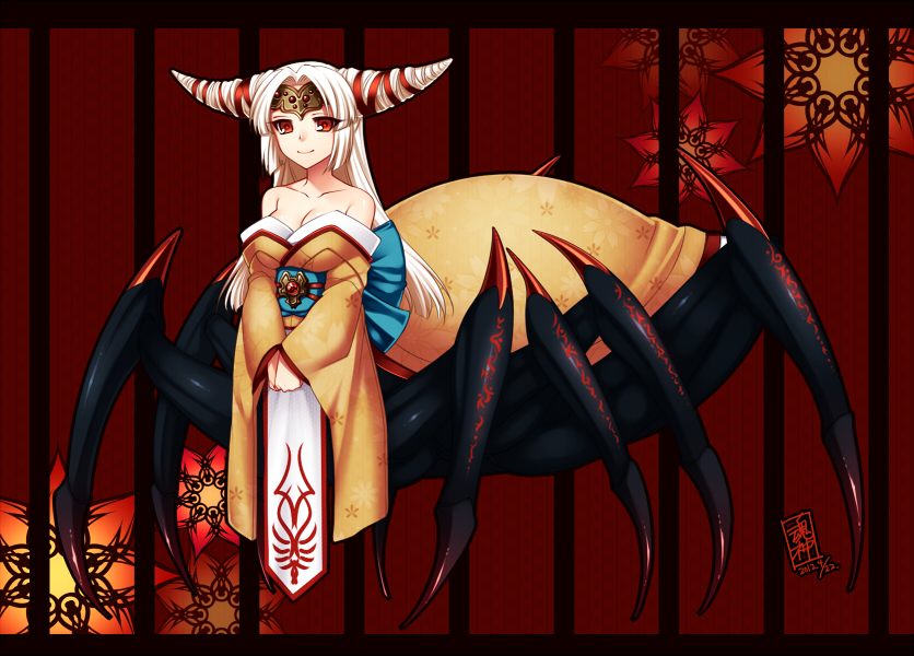 bare_shoulders breasts cleavage horns japanese_clothes konshin large_breasts long_hair monster_girl original red_eyes smile solo spider_girl white_hair