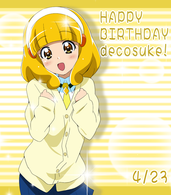 :d blonde_hair blush cardigan female hairband happy_birthday ikari_manatsu kise_yayoi necktie open_mouth precure pretty_cure school_uniform short_hair smile smile_precure! solo striped striped_background yellow yellow_eyes