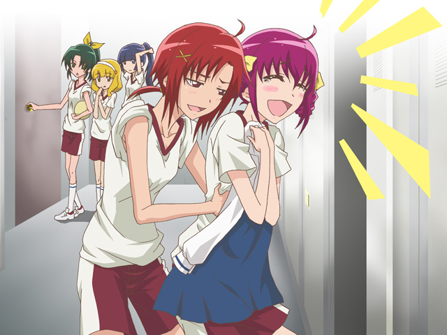 5girls aoki_reika blonde_hair blue_hair blush gke1avg green_hair gym_uniform hino_akane hoshizora_miyuki kise_yayoi midorikawa_nai midorikawa_nao multiple_girls pink_hair precure shorts smile_precure! tickling