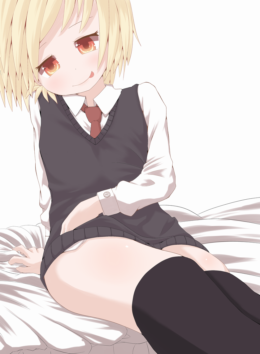 :p arm_support bed black_legwear blonde_hair blush bottomless cardigan dress_shirt maromi_gou necktie no_pants red_eyes rumia shirt short_hair sitting smile solo sweater_vest thigh-highs thighhighs tongue tongue_out touhou white_background youkai