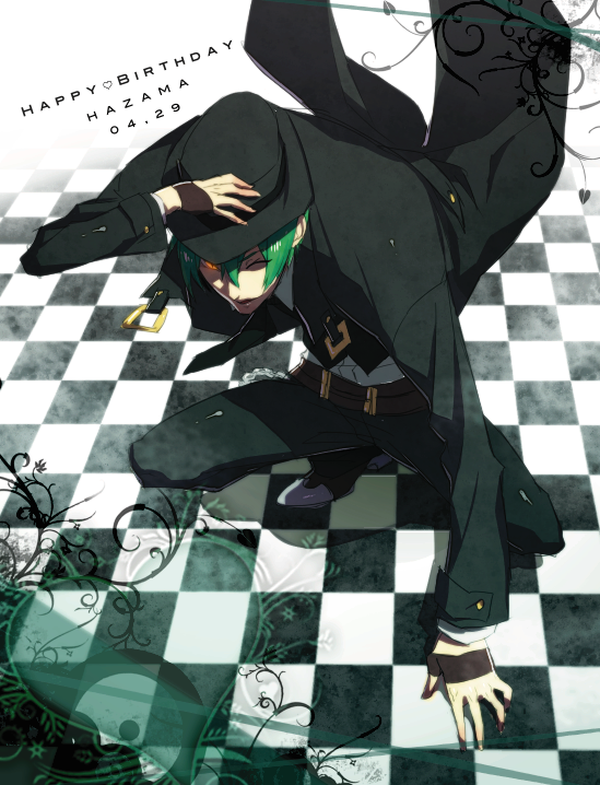 blazblue character_name checkered checkered_floor dated formal green_hair happy_birthday hat hazama jou_(mono) male pants shoes solo squatting suit wink yellow_eyes
