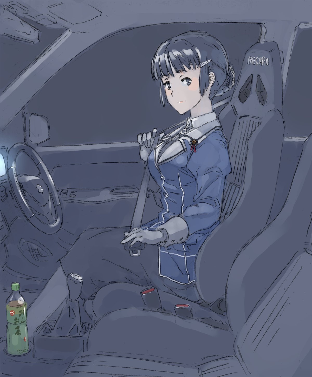 1girl bangs black_hair black_skirt blunt_bangs bottle breasts car_interior closed_mouth gloves ground_vehicle hair_bun hair_ornament hairclip highres kantai_collection long_sleeves looking_at_viewer military military_uniform motor_vehicle myoukou_(kancolle) remodel_(kantai_collection) seat seatbelt sitting skirt solo steering_wheel suzumaru uniform vehicle_interior white_gloves