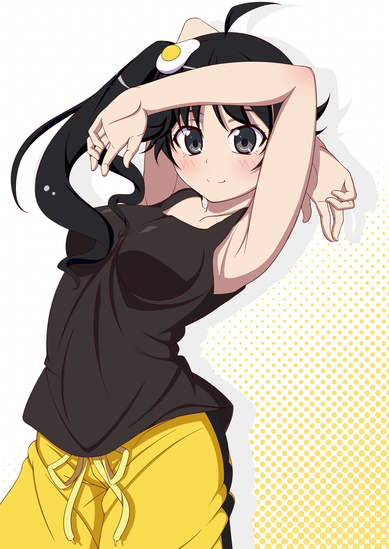 ahoge araragi_karen armpits arms_up black_eyes black_hair long_hair monogatari_(series) nisemonogatari shorts side_ponytail takamin_apaman tank_top undershirt