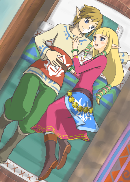 1boy 1girl bed blonde_hair blue_eyes blush bracelet brown_hair carpet couple eye_contact hug jewelry link long_hair looking_at_another lying on_bed pantyhose pillow pointy_ears pontaaaaa princess_zelda short_hair skyward_sword the_legend_of_zelda