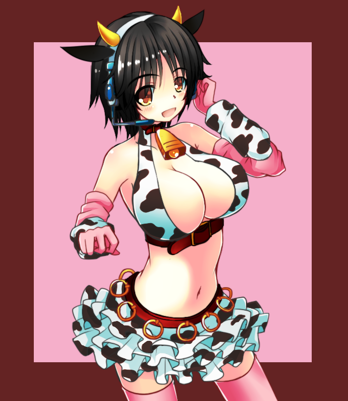 1girl animal_ears bare_shoulders bell bell_collar black_hair breasts brown_eyes cleavage collar cow_bell cow_ears cow_horns cow_print elbow_gloves gloves headset horns idolmaster idolmaster_cinderella_girls ken123456 large_breasts midriff navel oikawa_shizuku short_hair skirt solo thigh-highs thighhighs