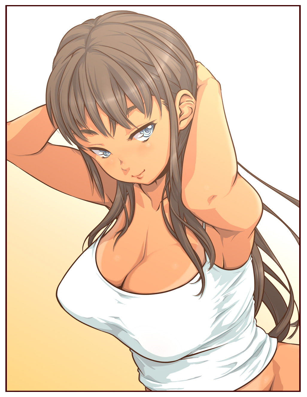 armpits blue_eyes breasts brown_hair camisole cleavage copyright_request dark_skin highres large_breasts long_hair looking_at_viewer ryuuseiken_hogan smile solo tan tank_top tanline taut_shirt