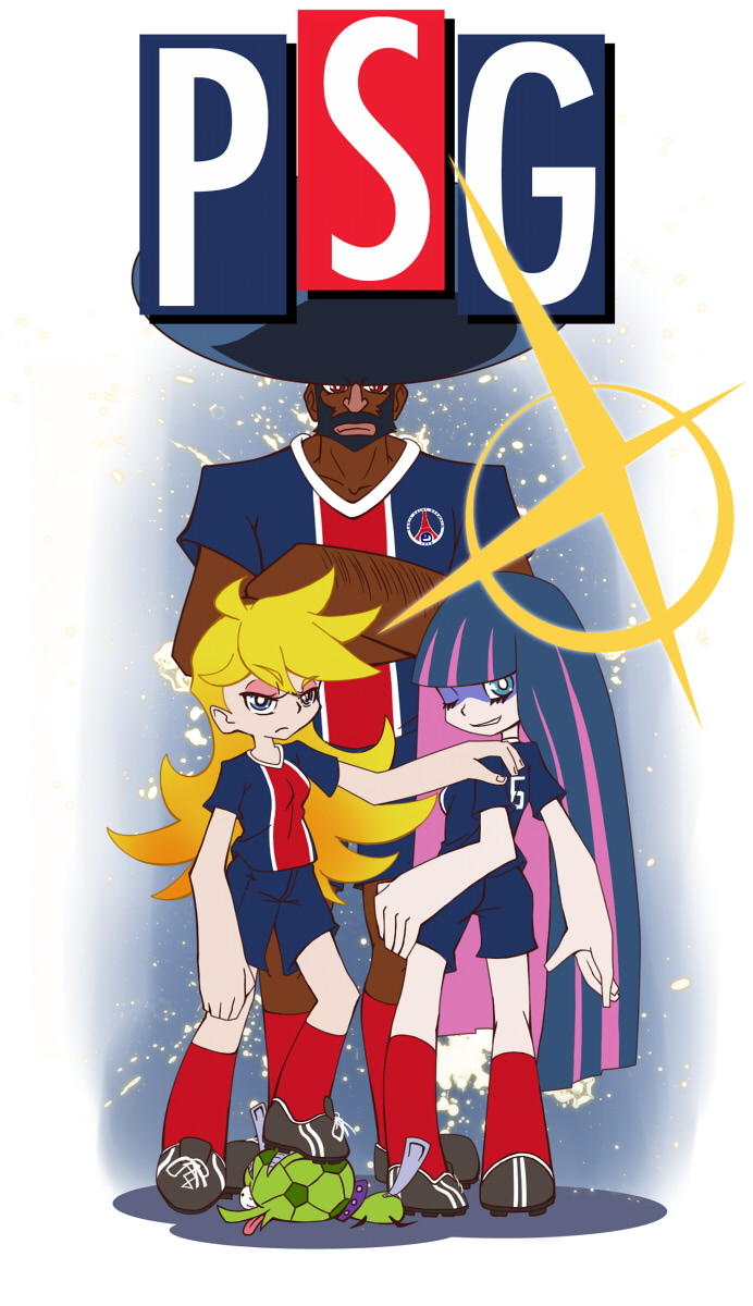 2girls afro alteigramme chuck chuck_(psg) gammatelier garterbelt_(character) garterbelt_(psg) highres kneehighs kneesocks multiple_girls panty_&amp;_stocking_with_garterbelt panty_(character) panty_(psg) paris paris_saint-germain parody psg soccer sports_uniform sportswear stocking_(character) stocking_(psg)