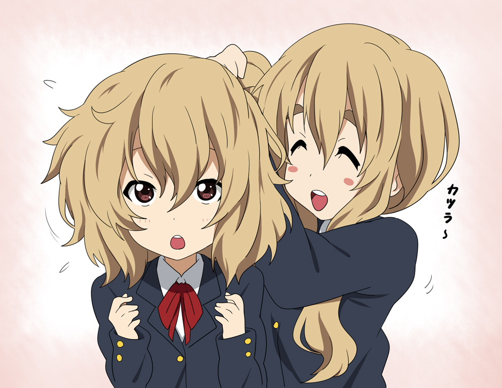 alternate_hair_color alternate_hair_length alternate_hairstyle blonde_hair blush blush_stickers brown_eyes closed_eyes eyes_closed ikari_manatsu k-on! kotobuki_tsumugi long_hair long_sleeves messy_hair multiple_girls nakano_azusa open_mouth school_uniform short_hair smile wig