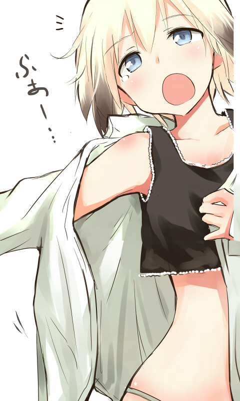 blonde_hair blue_eyes blush brown_hair erica_hartmann gradient_hair multicolored_hair open_clothes open_mouth open_shirt sandwich_(artist) short_hair solo strike_witches tank_top tears white_background yawning