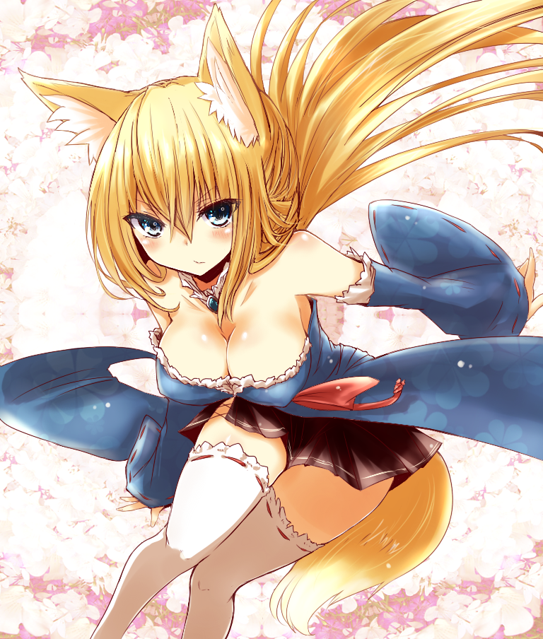animal_ears aoi_(naomi) bare_shoulders blonde_hair blue_eyes blush breasts cherry_blossoms cleavage detached_collar detached_sleeves floral_background fox_ears fox_tail large_breasts leaning_forward long_hair looking_at_viewer naomi_(sekai_no_hate_no_kissaten) original skirt solo tail thigh-highs thighhighs white_legwear zettai_ryouiki