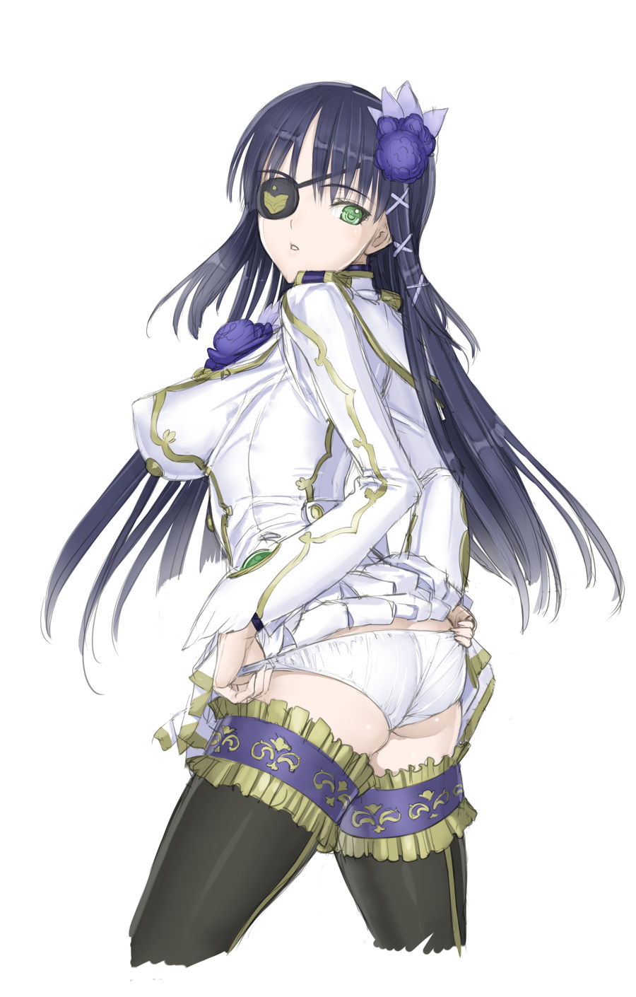 ass black_hair black_legwear boots breasts eyepatch green_eyes highres impossible_clothes large_breasts long_hair nagisa_(psp2i) nakaba_reimei panties phantasy_star phantasy_star_portable_2_infinity skirt skirt_lift solo thigh-highs thigh_boots thighhighs underwear uniform white_background white_panties