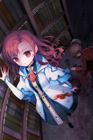 arm_up bangs blank_eyes blazer bleeding blood book bookshelf brooch brown_hair dress dress_shirt expressionless flashlight frills hair_ornament hairpin ieban injury jacket jewelry long_hair lowres lucca lying multiple_girls on_stomach outstretched_arm outstretched_hand parted_bangs pot red_eyes red_hair redhead school_uniform shaded_eyes shirt short_hair sword_girls vernika_answer walking wavy_hair