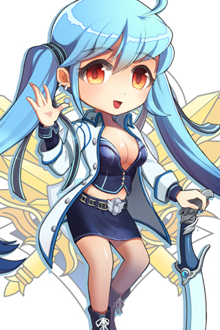 ahoge arm_up belt blue_hair breasts bustier chibi cleavage earrings gilse holding jacket jewelry leg_up long_hair lowres luthica_preventer midriff open_mouth red_eyes ribbon shiny shiny_skin skirt smile solo sword sword_girls waving weapon