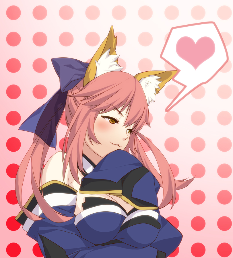 :3 animal_ears bare_shoulders bow breasts caster_(fate/extra) cleavage detached_sleeves fate/extra fate_(series) fox_ears fox_tail hair_bow hair_ribbon heart long_hair pesu_(penpen) pink_hair ribbon sleeves_past_wrists solo spoken_heart tail twintails yellow_eyes