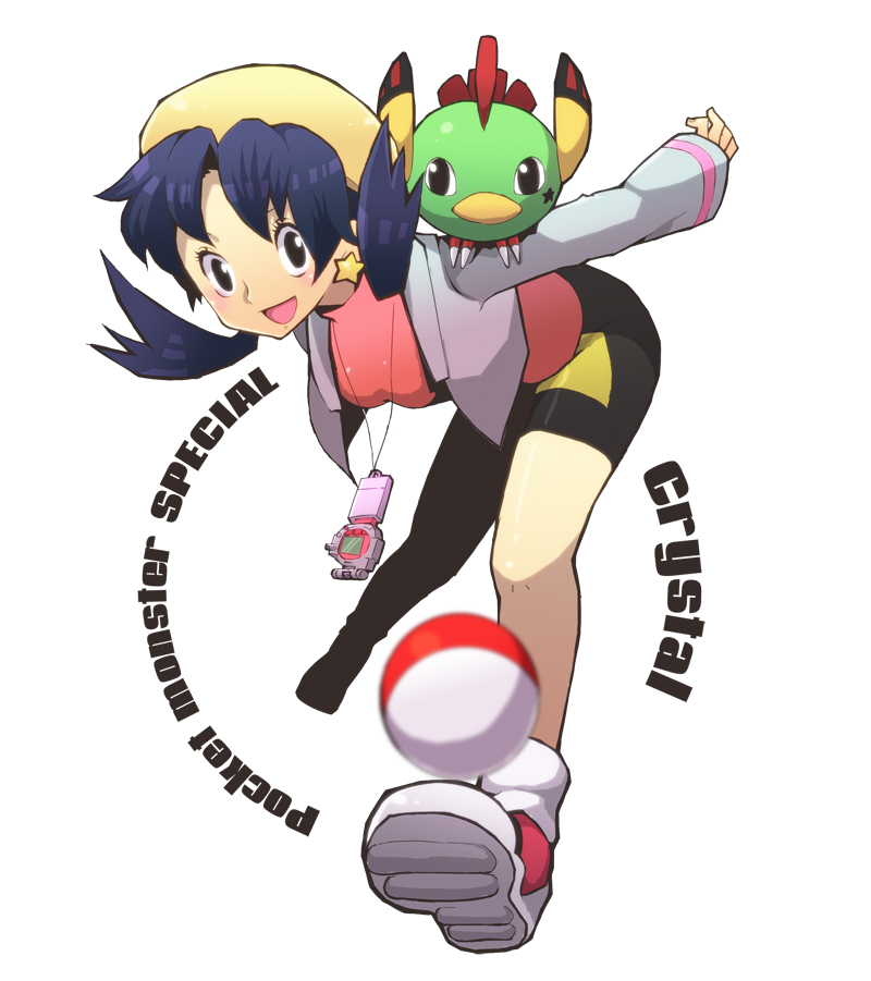 4n10-3ho blue_hair crystal_(pokemon) earrings hat jewelry natu poke_ball pokemon pokemon_special simple_background smile twintails