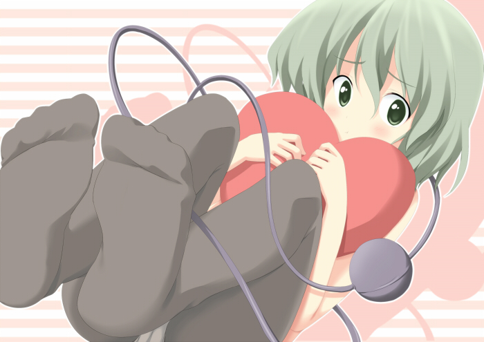 :t black_legwear blush breasts covering covering_breasts feet green_eyes green_hair heart heart_pillow komeiji_koishi no_hat no_headwear no_pants no_shoes oniku-chan panties panties_under_pantyhose pantyhose pillow pillow_hug pov_feet short_hair solo striped striped_background third_eye topless touhou underwear