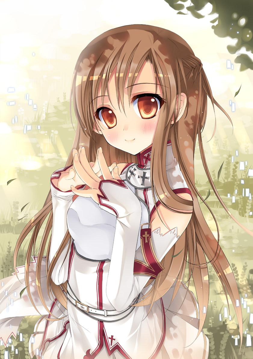 asuna_(sao) blush brown_eyes brown_hair detached_sleeves long_hair looking_at_viewer skirt smile solo sousouman steepled_fingers sword_art_online yuuki_asuna