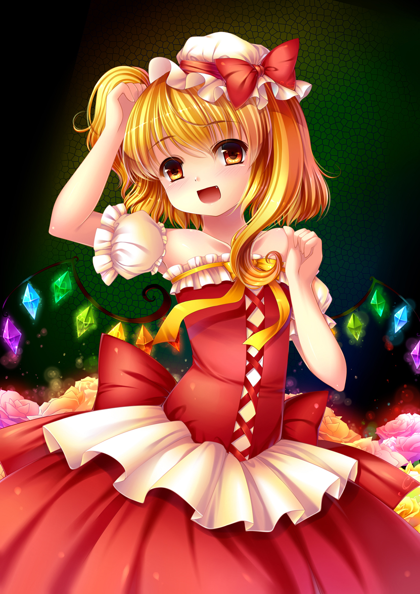:d adapted_costume arm_up bare_shoulders blonde_hair blush bow collarbone detached_sleeves detached_wings dress fang flandre_scarlet gown gradient gradient_background gradient_eyes grandia_(artist) hand_in_hair hat hat_bow highres mini_hat multicolored_eyes open_mouth orange_eyes puffy_detached_sleeves puffy_sleeves red_eyes short_hair short_sleeves side_ponytail smile solo strapless_dress touhou wings
