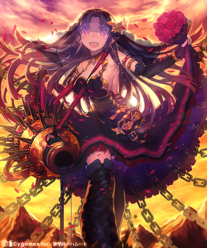 1girl bare_shoulders boots breasts character_request cleavage dress dress_lift dripping earrings elbow_gloves fingerless_gloves gloves hair_ornament heart heart-shaped_pupils jewelry large_breasts long_hair mckeee mountain open_mouth original petals pointy_ears purple_hair sheath shingeki_no_bahamut sky smile solo spike strap symbol-shaped_pupils violet_eyes