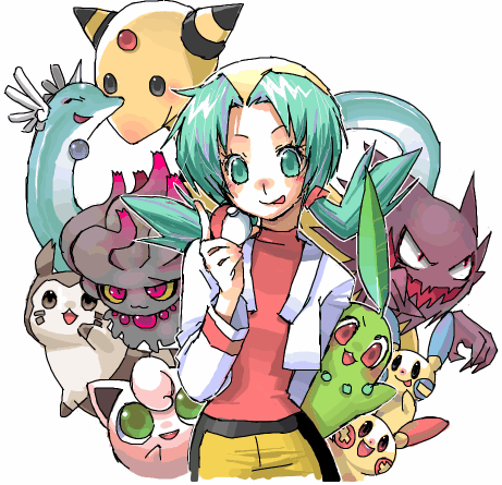 1girl ampharos artist_request blue_eyes blue_hair chikorita creature crystal_(pokemon) dragonair furret haunter holding holding_poke_ball jigglypuff lowres minun misdreavus plusle poke_ball pokemon pokemon_(creature) pokemon_(game) pokemon_gsc simple_background smile source_request twintails