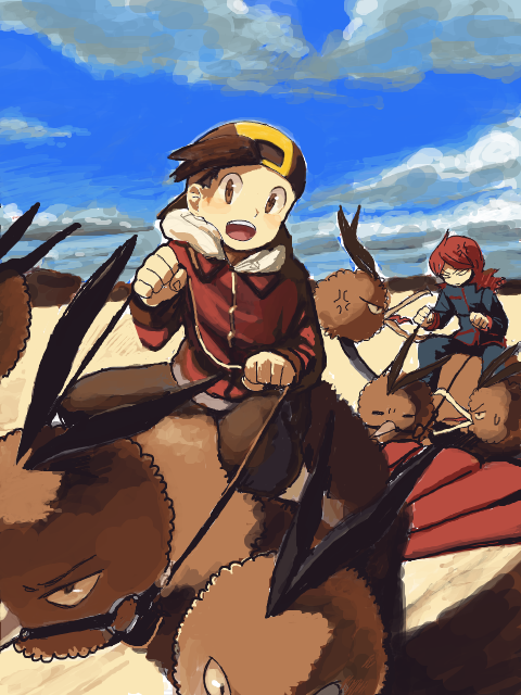 2boys angry background baseball_cap black_hair dodrio dugtrio gold_(pokemon) gold_(pokemon)_(remake) hat moi_ko moiko multiple_boys open_mouth pokemon pokemon_(creature) pokemon_(game) pokemon_gsc pokemon_hgss red_hair redhead riding silver_(pokemon) silver_(pokemon)_(remake) tegaki