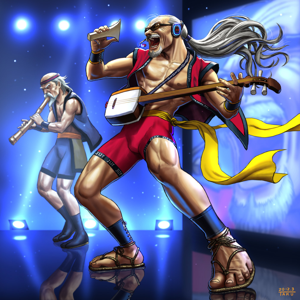bachi beard copyright_request facial_hair flute headband headphones instrument male manly matataku microphone multiple_boys muscle musical_instrument mustache old old_man open_clothes open_mouth open_shirt playing playing_instrument plectrum ponytail reflection sandals sash screen shakuhachi shamisen shorts stage sunglasses white_hair wrinkles