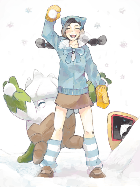 1girl alternate_costume black_hair blush closed_eyes earmuffs eyes_closed gloves meeta multi-tied_hair open_mouth pokemon pokemon_(game) pokemon_dppt ribbon skirt smile snorunt snover snow snowball snowing suzuna_(pokemon) tegaki twintails