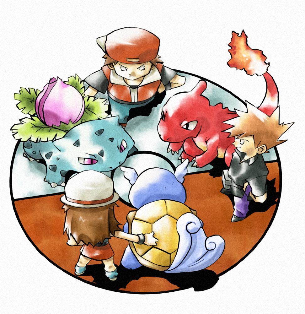 1girl 2boys blue_(pokemon) bream-tan brown_hair charmeleon flame hand_on_hip hat ivysaur leaf_(pokemon) long_hair multiple_boys ookido_green ookido_green_(frlg) poke_ball pokemon pokemon_(creature) pokemon_(game) pokemon_firered_and_leafgreen pokemon_frlg pokemon_rgby red_(pokemon) simple_background sugimori_ken_(style) wartortle