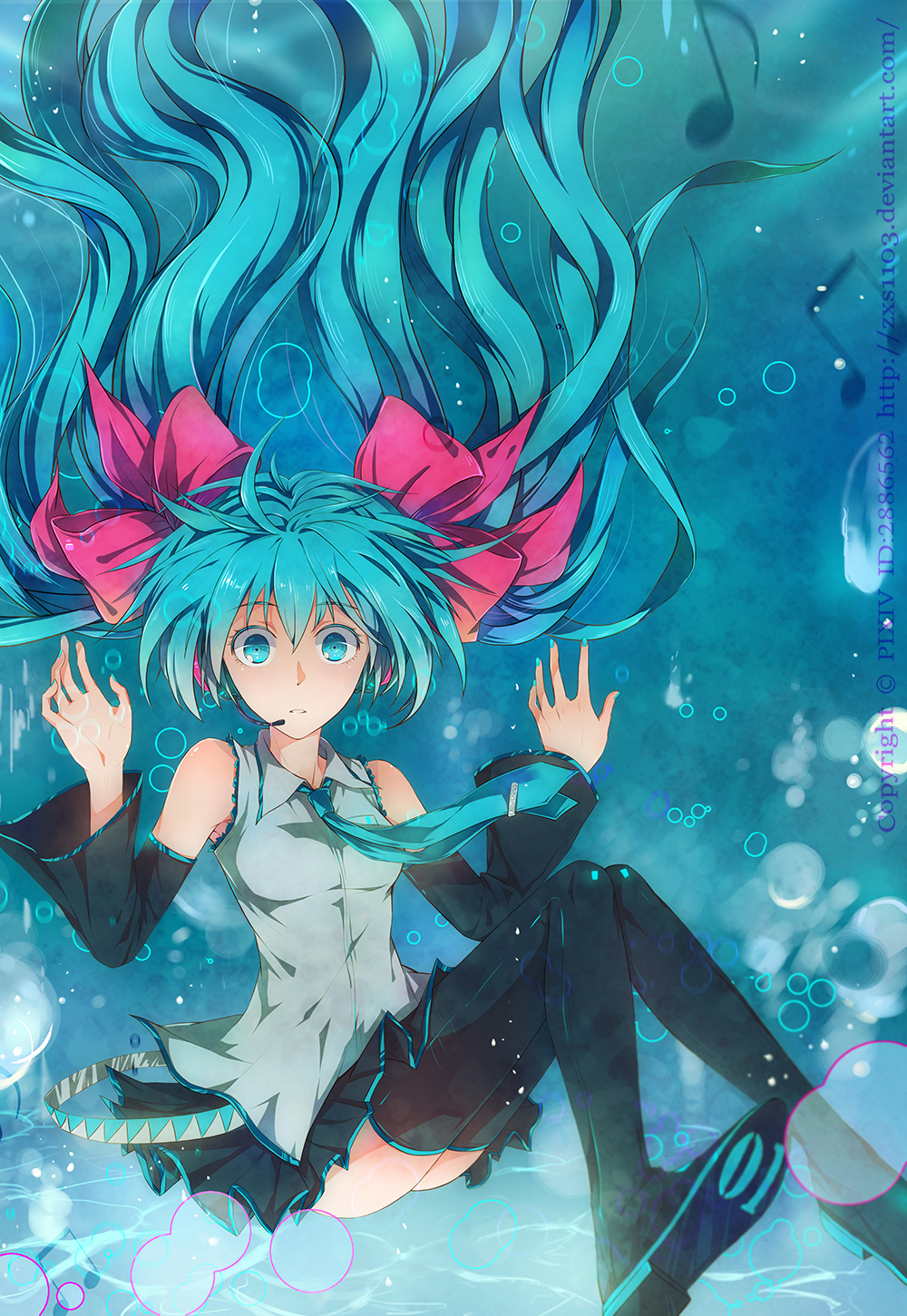 aqua_eyes aqua_hair boots bubble detached_sleeves floating_hair hatsune_miku headset highres long_hair musical_note necktie sitting skirt solo thigh-highs thigh_boots thighhighs twintails underwater very_long_hair vocaloid zxs1103
