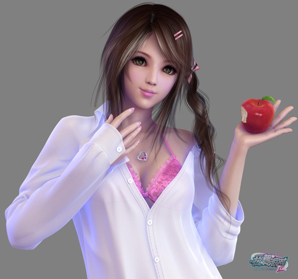 3d apple food fruit lingerie open_clothes open_shirt side_ponytail underwear znz