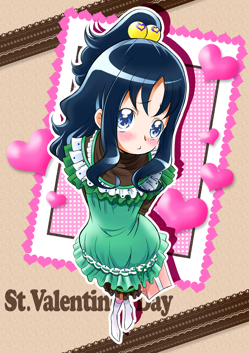 alternate_hairstyle arms_behind_back blue_eyes blue_hair blush boots dress embarrassed frills from_above gift giftbag green_dress hair_bobbles hair_ornament heart heartcatch_precure! highres kurumi_erika lace long_hair mahkn postage_stamp precure solo standing topknot valentine