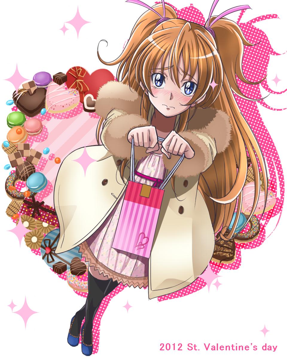 2012 black_legwear blue_eyes blush brown_hair candy chocolate coat cookie doughnut dutch_angle embarrassed food from_above fur_coat fur_collar fur_trim gift giftbag hair_ribbon heart highres houjou_hibiki incoming_gift long_hair looking_at_viewer macaron mahkn pastry precure ribbon shadow solo standing suite_precure sweets thigh-highs thighhighs two_side_up valentine white_background winter winter_clothes